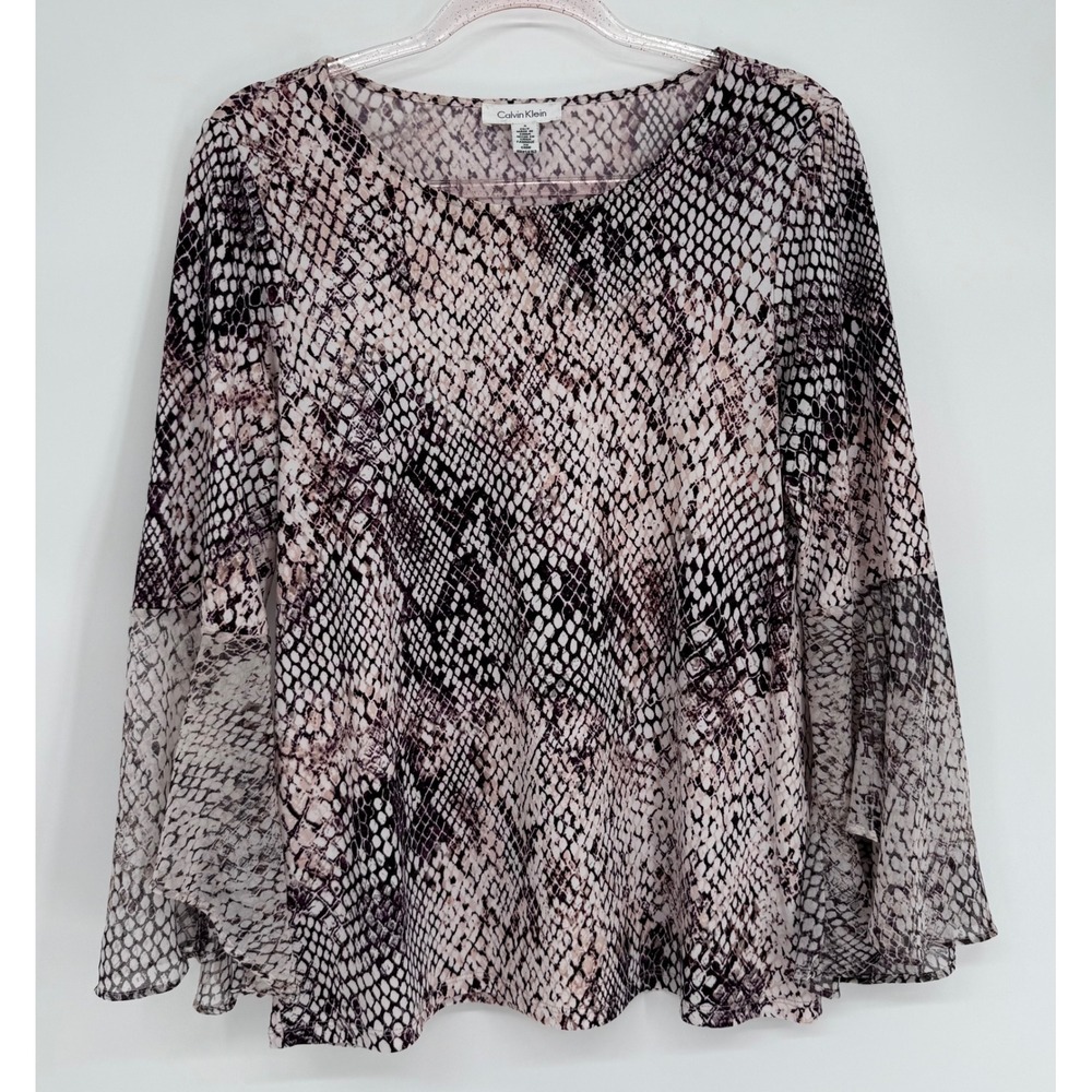 Calvin Klein Womens Snakeskin Print Bell Sleeve Blouse Black Mauve‎ Sz S